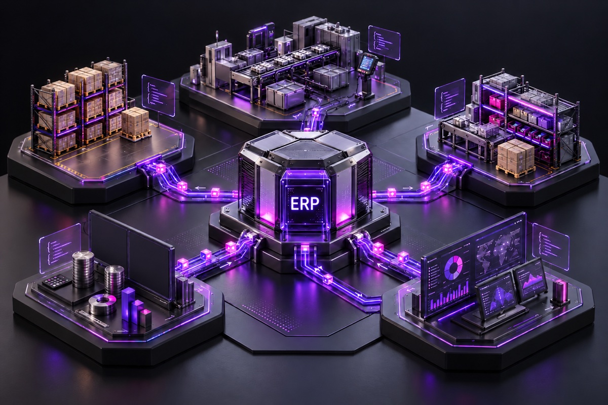 ERP em um núcleo central conectado a cinco plataformas hexagonais: logística, manufatura, financeiro e controladoria, suprimentos e BI. Empilhadeiras, robôs e gráficos ilustram a operação integrada.