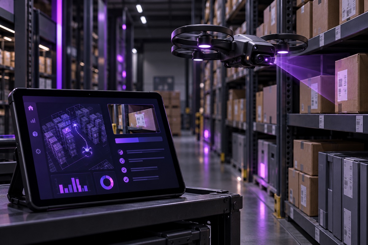 Drone realizando leitura de etiquetas em um armazém, com painel de inventário em um tablet; conceito ilustrativo.